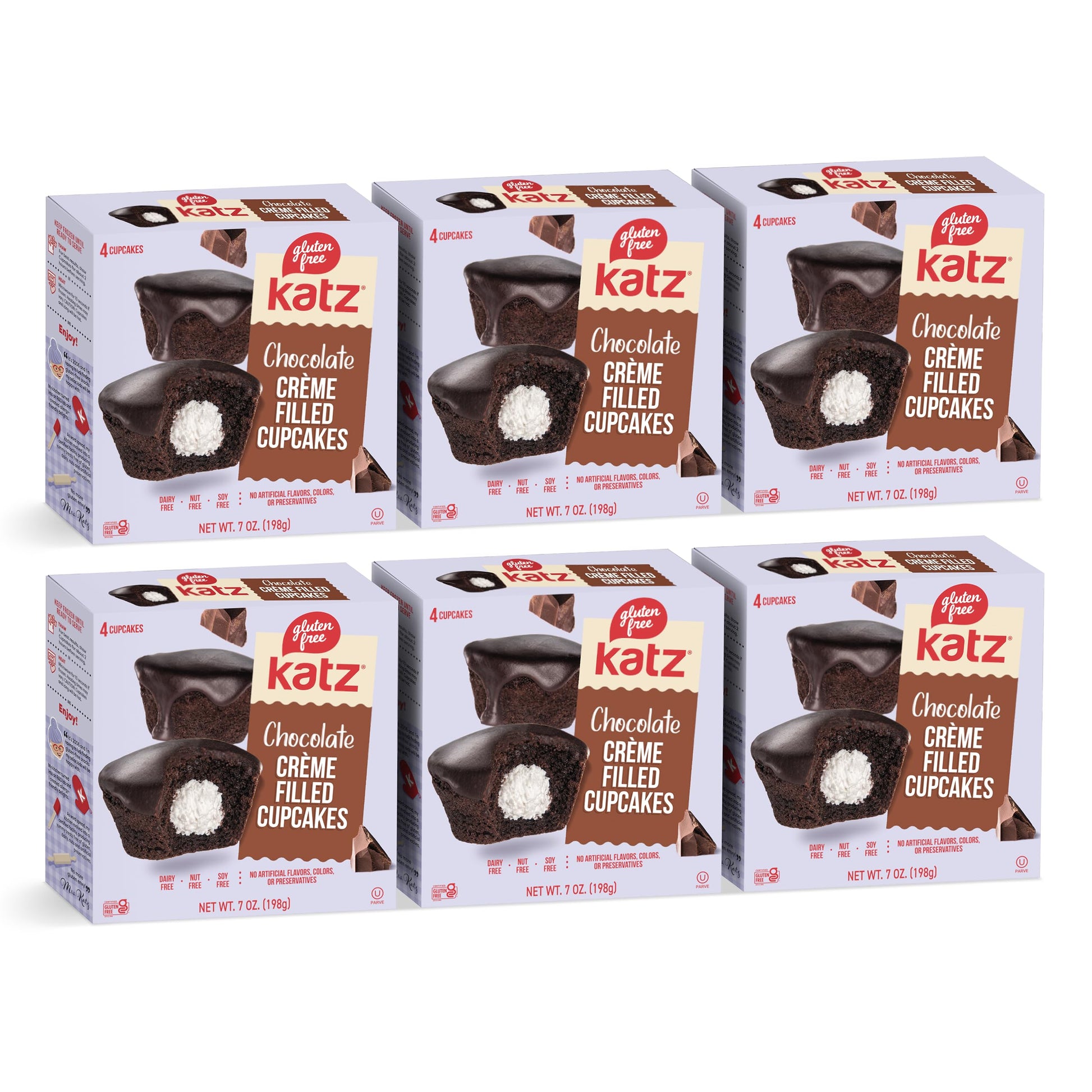 Katz Gluten Free Chocolate Creme Filled Cupcakes. Free of Dairy, Peanuts, Tree Nuts, and Sesame. Kosher, 7oz (6Pk)