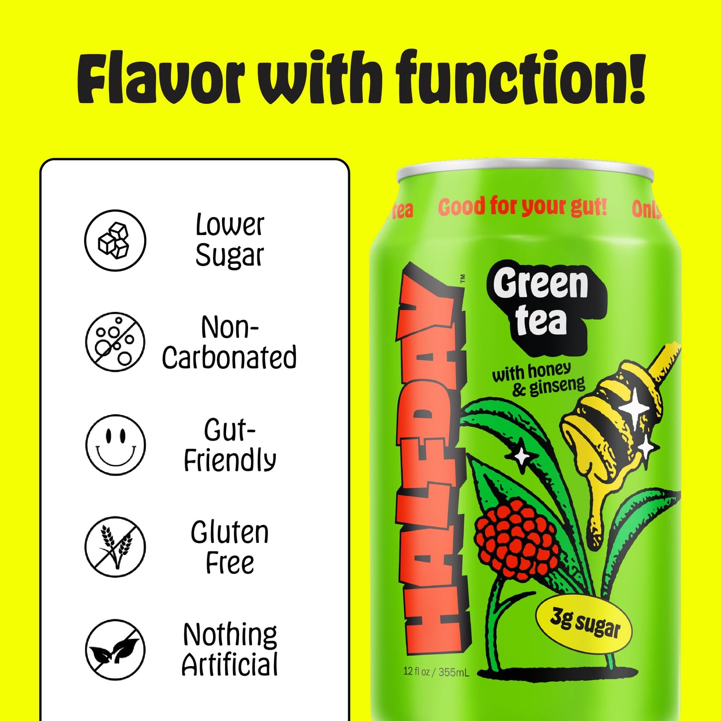 Halfday Prebiotic Green Tea With Honey And Ginseng 12-Pack - Nostalgic Flavor, Low Sugar, Incredible Taste - Paleo, Gluten Free,