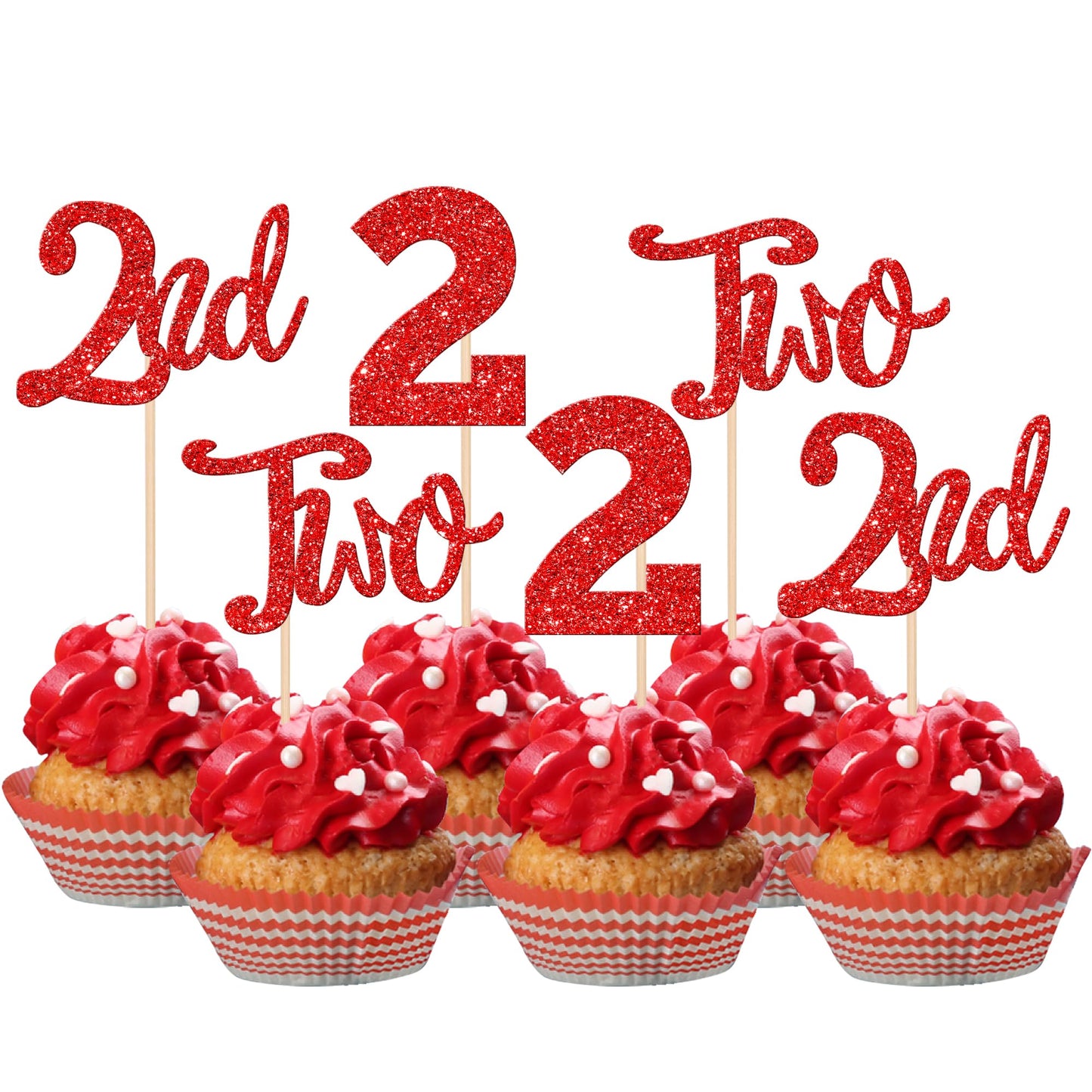 ZHUOWEISM 24 PCS Cupcake Toppers, Glitter Number 2, Red Paper Decorations for 2nd Birthday, Baby Shower, Anniversary Party Supplies