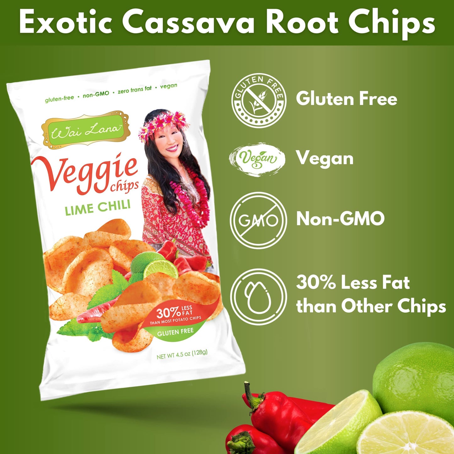 Wai Lana Veggie Chips Lime Chili (5 Pack Of 4.5 Ounce Individual Bags) - Gluten Free, Non-Gmo, Vegan, Zero Trans Fats