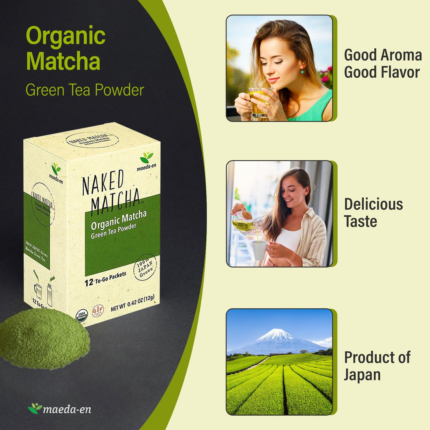 Maeda-En Naked Matcha Organic Matcha Green Tea Powder 12 Packets Smoothie Latte Hot Iced Drink Japanese Origin Green Tea Individ