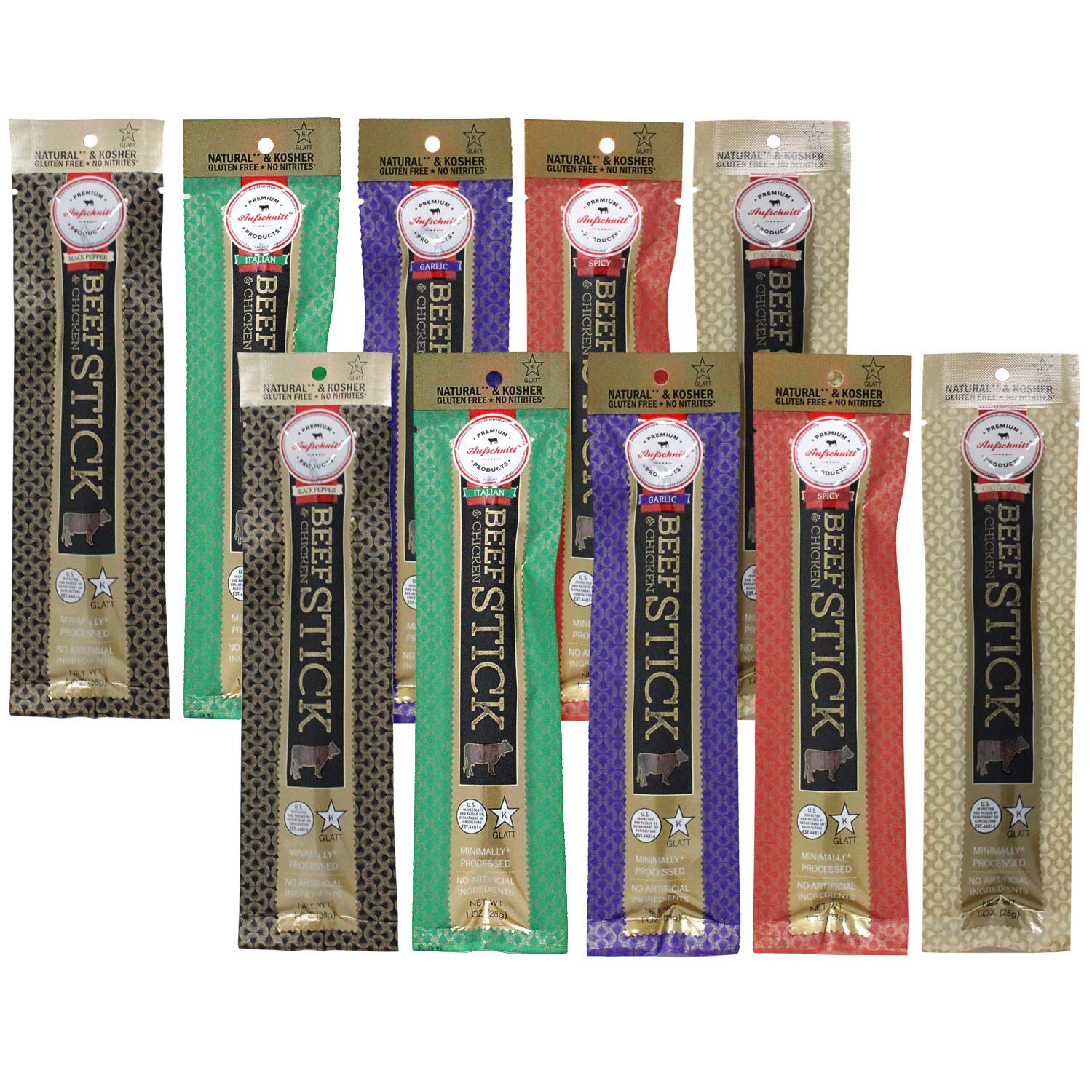 Aufschnitt Grass Fed Beef Jerky Sticks - Low Sodium, Certified Kosher - Halal And Keto Friendly - 10 Pack, Variety