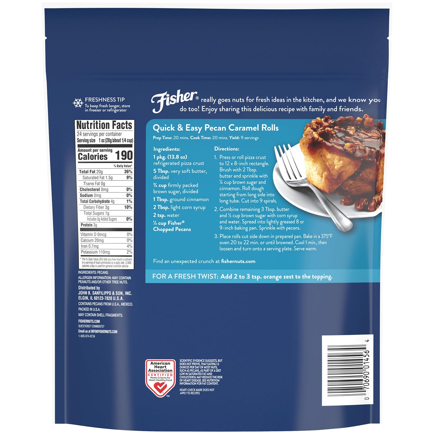 Fisher Chefs Naturals Unsalted Chopped Pecans 24 oz Resealable Bag, Unsalted Raw Nuts for Cooking, Baking & Snacking, Healthy S