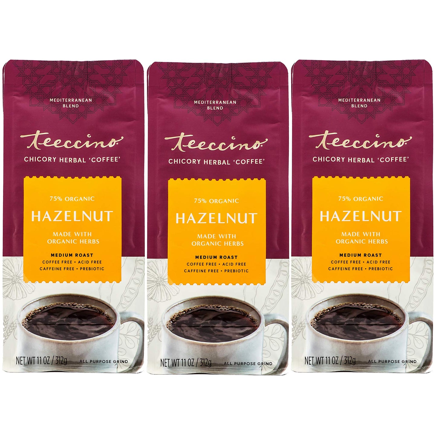 Teeccino Hazelnut Chicory Coffee Alternative - Ground Herbal Coffee - Caffeine Free, Acid Free - 11 Ounce (Pack of 3)