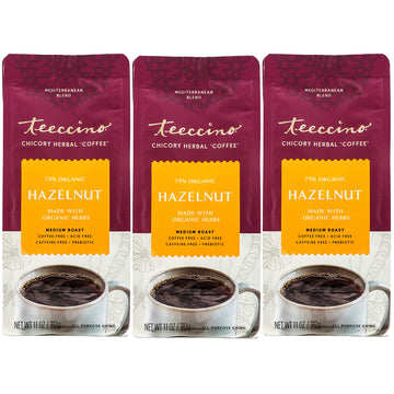 Teeccino Hazelnut Chicory Coffee Alternative - Ground Herbal Coffee - Caffeine Free, Acid Free - 11 Ounce (Pack of 3)