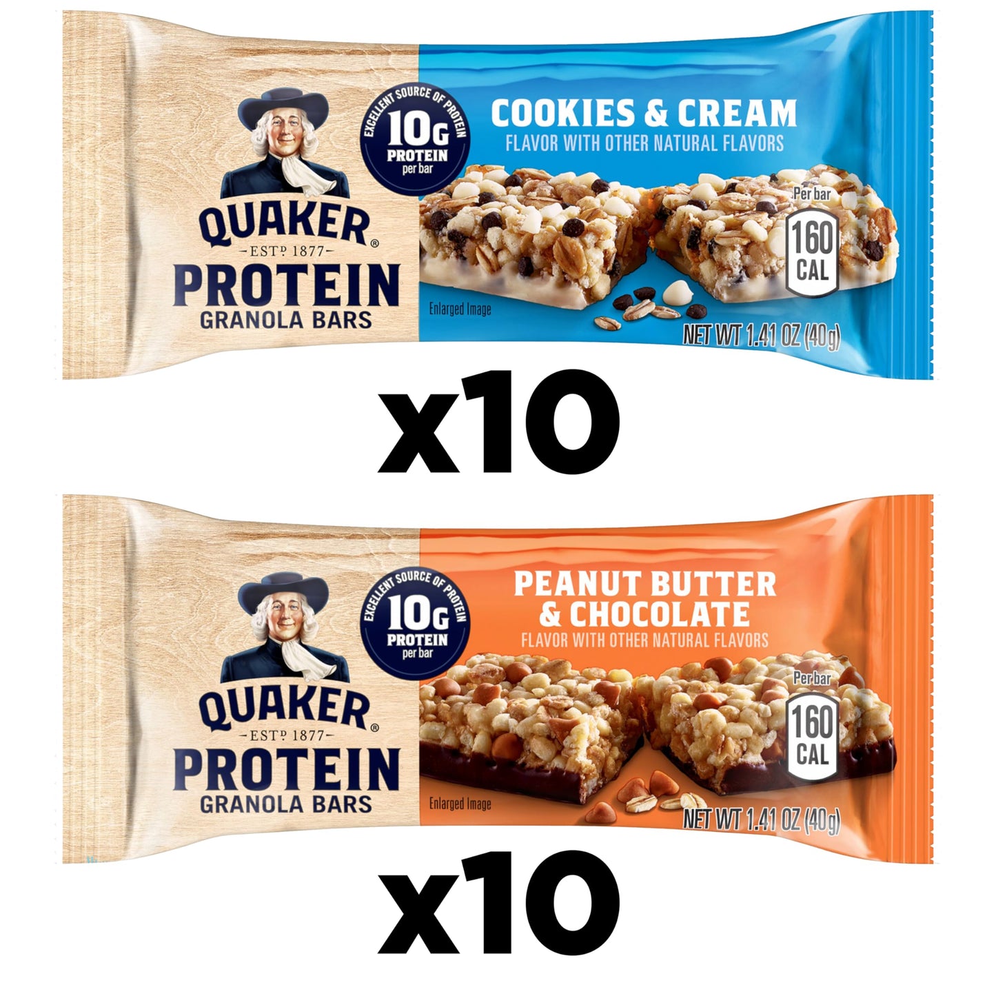 Quaker Protein Granola Bars  2 Flavor Variety Pack  10g Protein  1.41 oz Bars  20ct