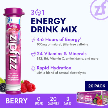 Zipfizz Energy Drink Powder, Berry, Sugar-Free, Electrolyte, 20 Pack, 0.39 Ounce Each, Model 20BERRY
