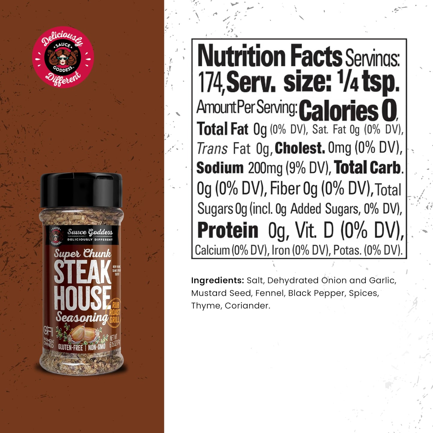 Sauce Goddess Super Chunk Steakhouse Spice Shaker - Gluten-Free, Vegan BBQ Rub - 6.15 oz