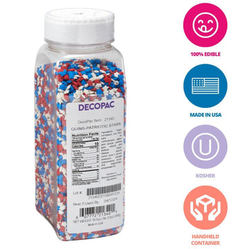 Decopac Patriotic Star Quins, 16.5Oz, Fancy Sprinkles Shaped Like Stars In Red, White & Blue, Candy Sprinkles In Handheld Contai