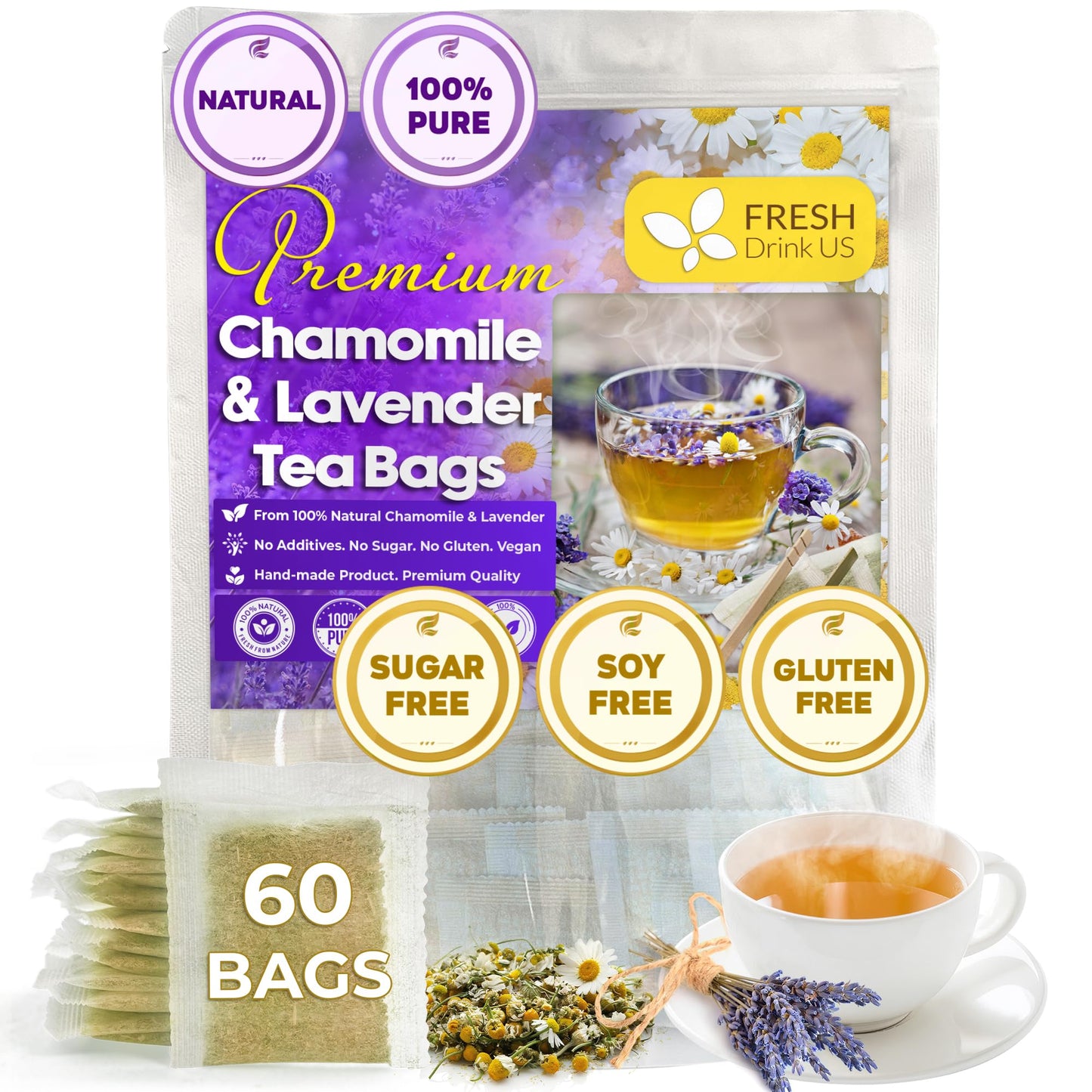 FRESHDRINKUS Chamomile Lavender Tea Bags, Caffeine-Free Herbal Blend, 60 Bags, Natural Relaxation Tea