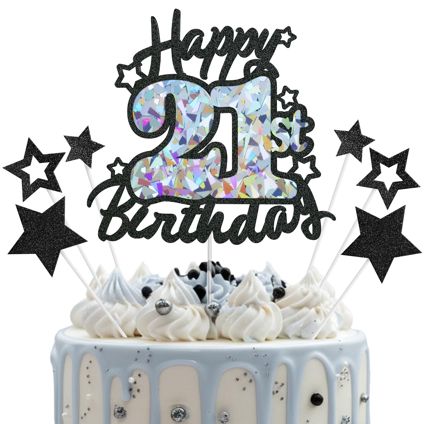 Happy 21st Birthday Cake Topper, Black Glitter and Gem Patterns Card Stock Cake Toppers, 21 Year Birthday Party Cake Decoration