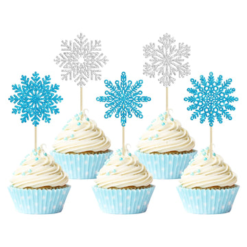 30Pcs Snowflake Cupcake Toppers Silver Blue Glitter Snowflake Cupcake Picks For Winter Frozen Theme Baby Shower Kids Birthday Ch