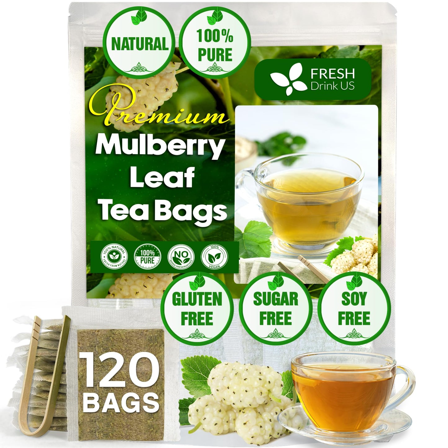 FRESHDRINKUS Premium Mulberry Leaf Tea Bags, 100% Natural, Vegan, 120 Count