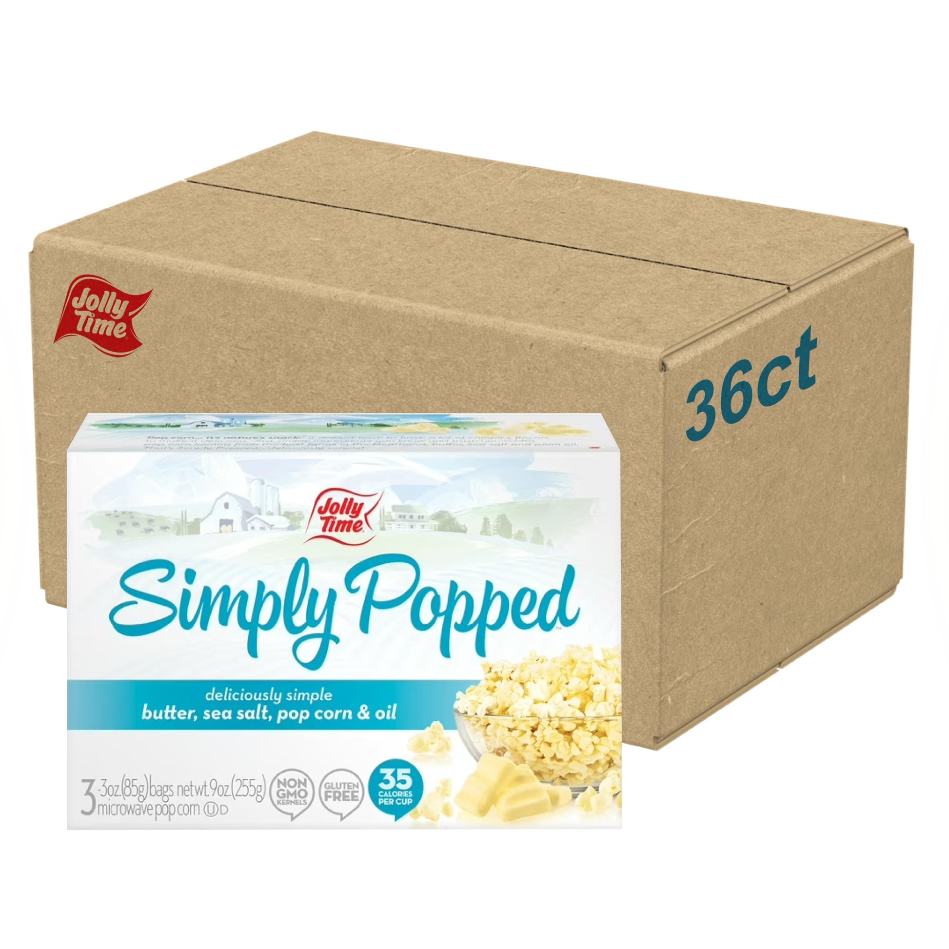 Jolly Time Simply Popped Microwave Popcorn, Lightly Salted, 3oz Bag, 3 Bags Per Carton (Pack of 36)