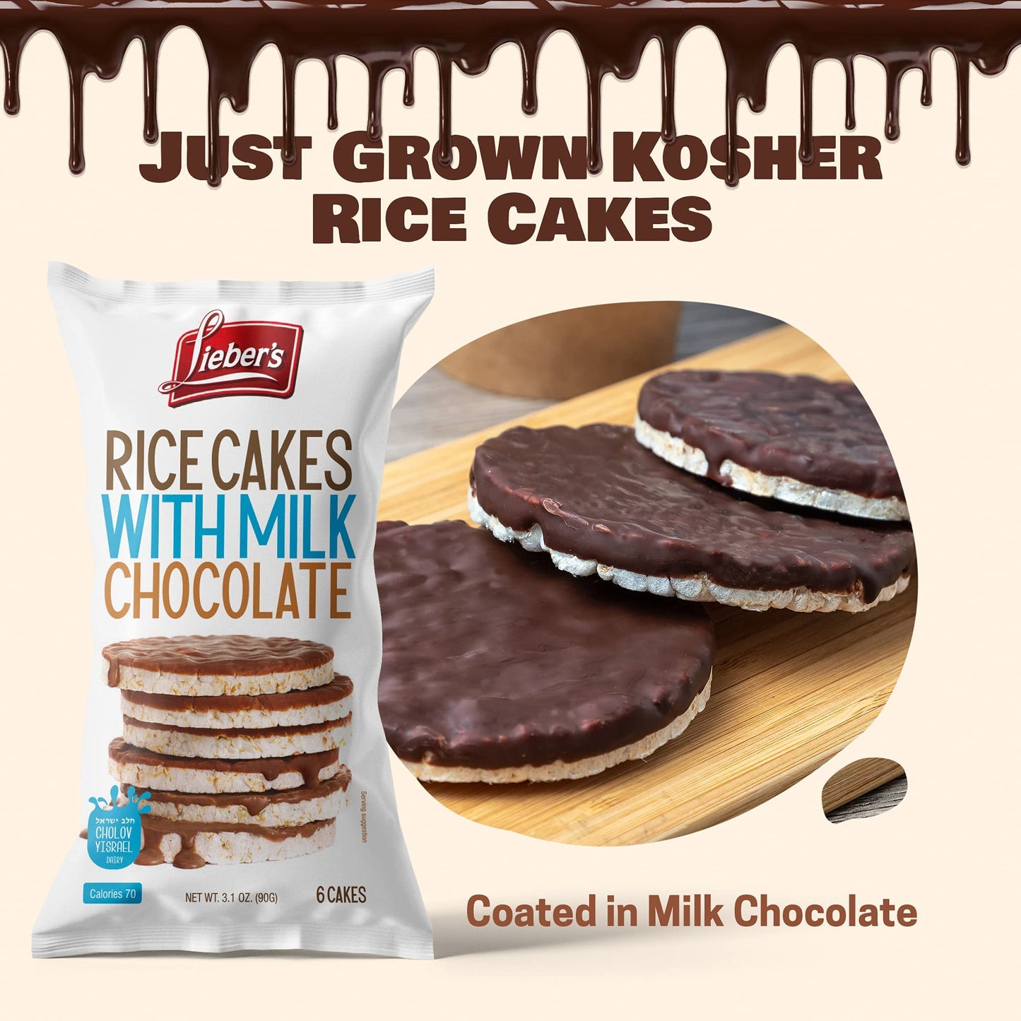 Liebers Milk Chocolate Rice Cakes, Kosher Certified Dairy, Gluten Free Snack (Pack Of 6) (Milk Chocolate)
