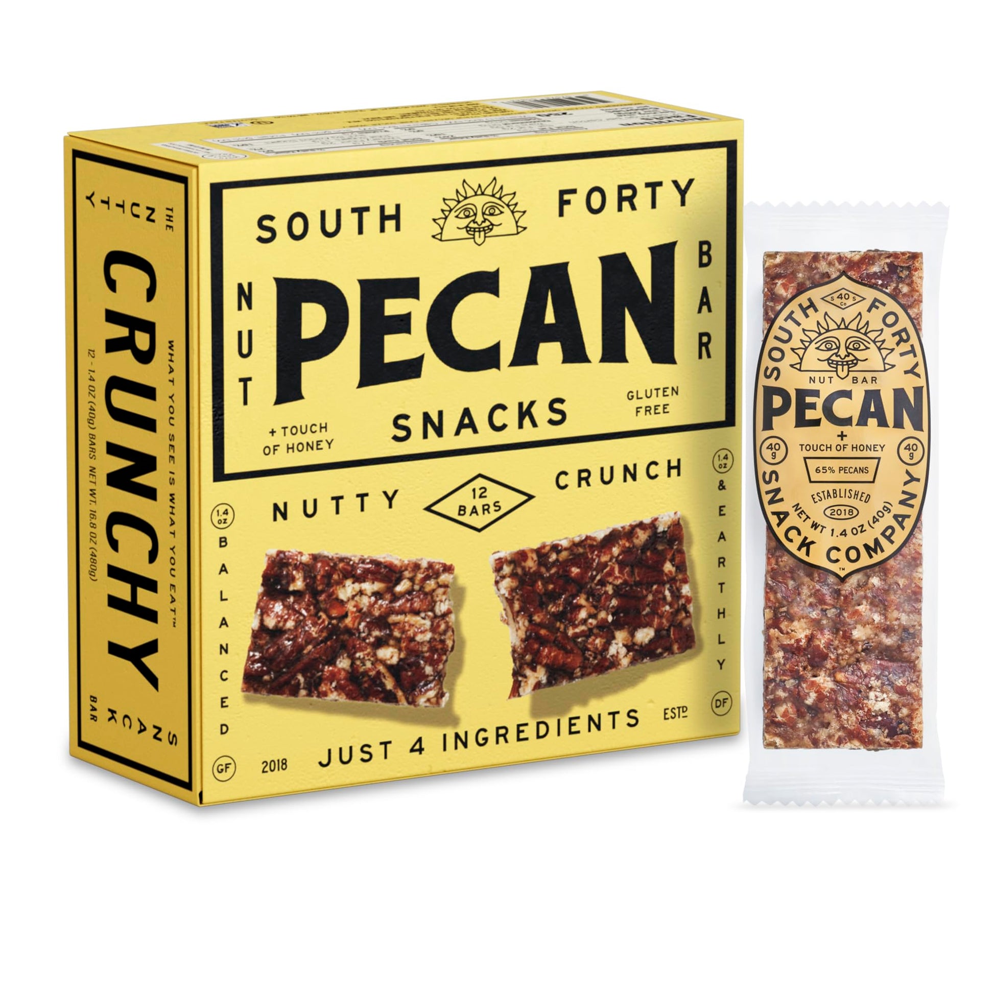 South 40 Crunchy Pecan Bar, 4 Ingredients, Touch of Honey, 40g, Pack of 12