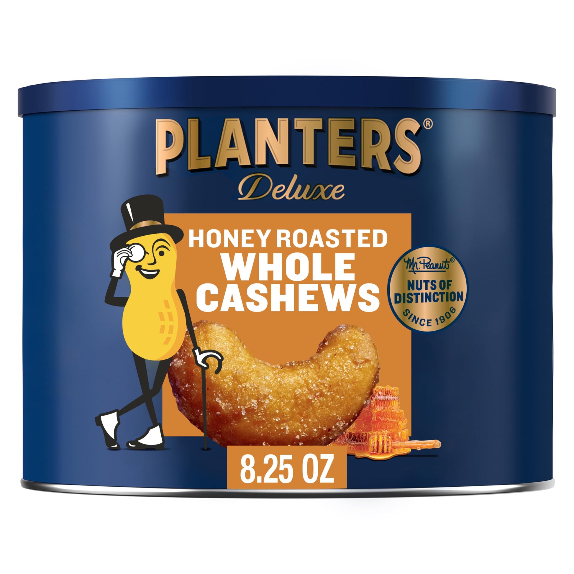 Planters Deluxe Honey Roasted Whole Cashews, 8.25oz Canister, Plant-Based Protein, Sweet and Salty Snack, Kosher