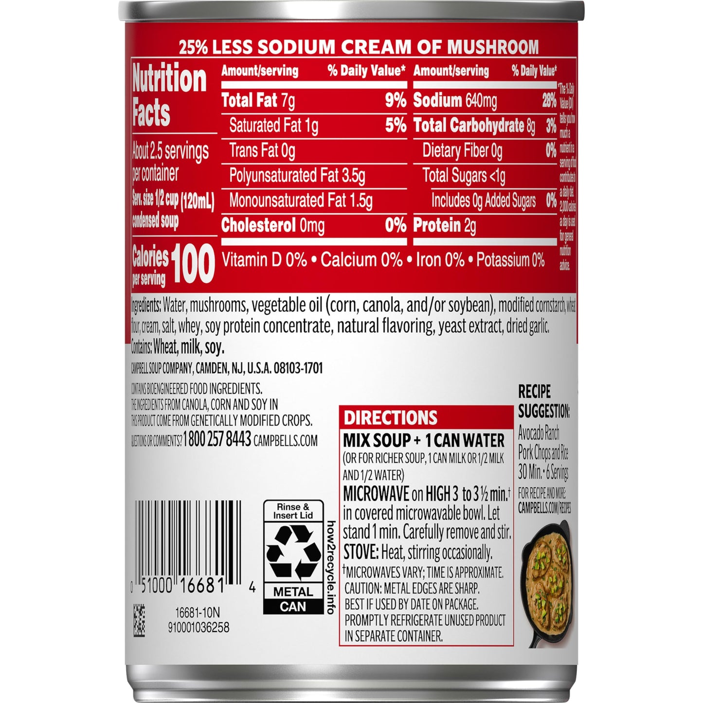 Campbell'S Condensed 25% Less Sodium Cream Of Mushroom Soup, 10.5 Ounce Can (Pack Of 12)