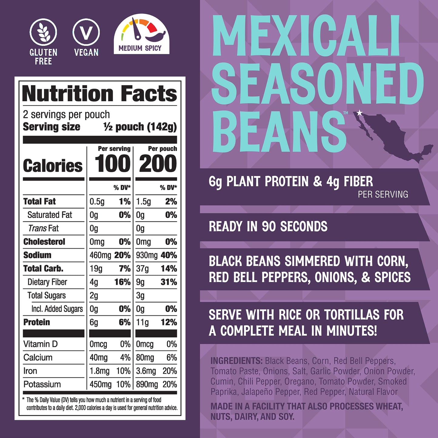 The Good Bean Heat And Eat Microwaveable Pouch - Mexicali Seasoned Beans - (4 Pack) 10 Oz Pouch - Simmered Black Beans With Corn