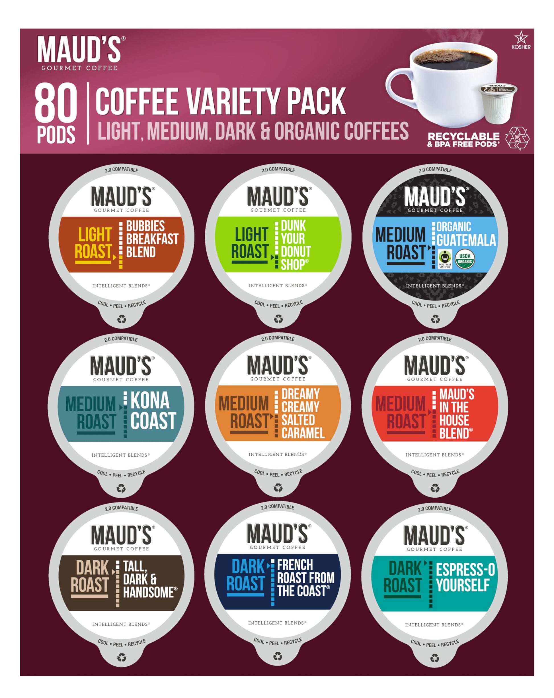 Maud'S Original Flavored Coffee Pods Variety Pack, 80 Ct | 9 Assorted Coffee Flavors | 100% Arabica Roasted Coffee | Solar Energ