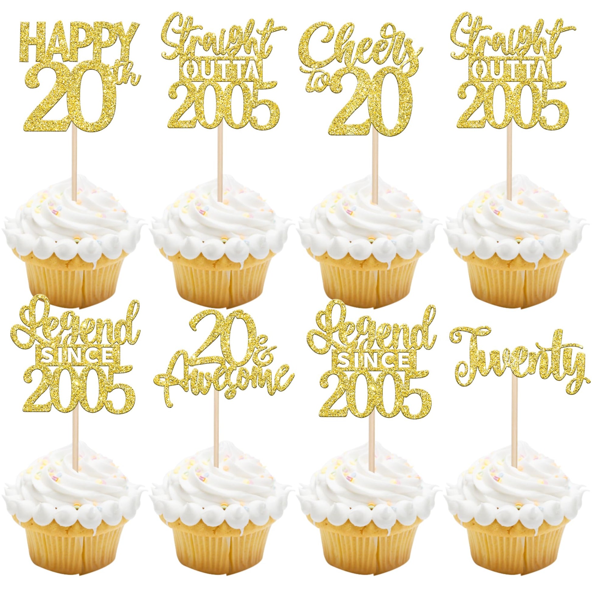 24PCS Gold Happy 20th Birthday Cupcake Toppers Twenty Straight Outta 2005 Cupcake Picks Cheers to 20 Lengend Since 2005 Cake Dec