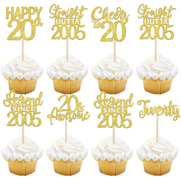 24PCS Gold Happy 20th Birthday Cupcake Toppers Twenty Straight Outta 2005 Cupcake Picks Cheers to 20 Lengend Since 2005 Cake Dec
