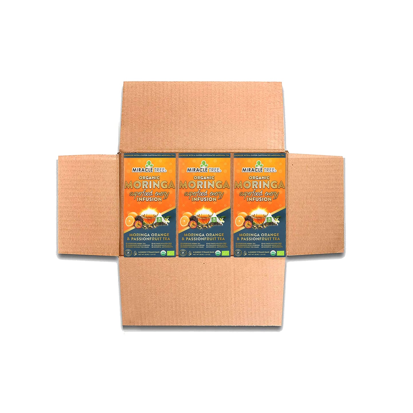 Miracle Tree Moringa Energy Tea - Orange & Passionfruit Flavor, Organic & Non-GMO, 3 Pack of 16 Pyramid Sachets