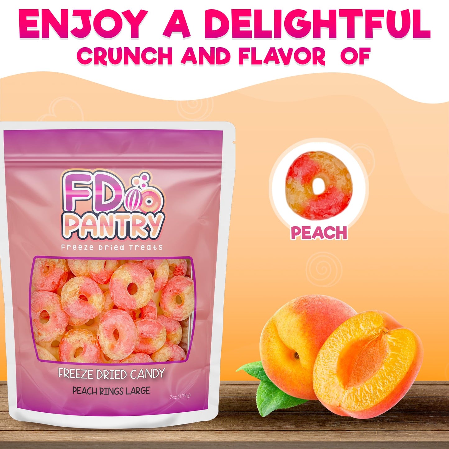 Freeze Dried Peach Rings Candy - Crunchy & Sweet, Large 7 Oz Resealable Bag For Freshness, Gift & Snack - Large Bag Freeze-Dried