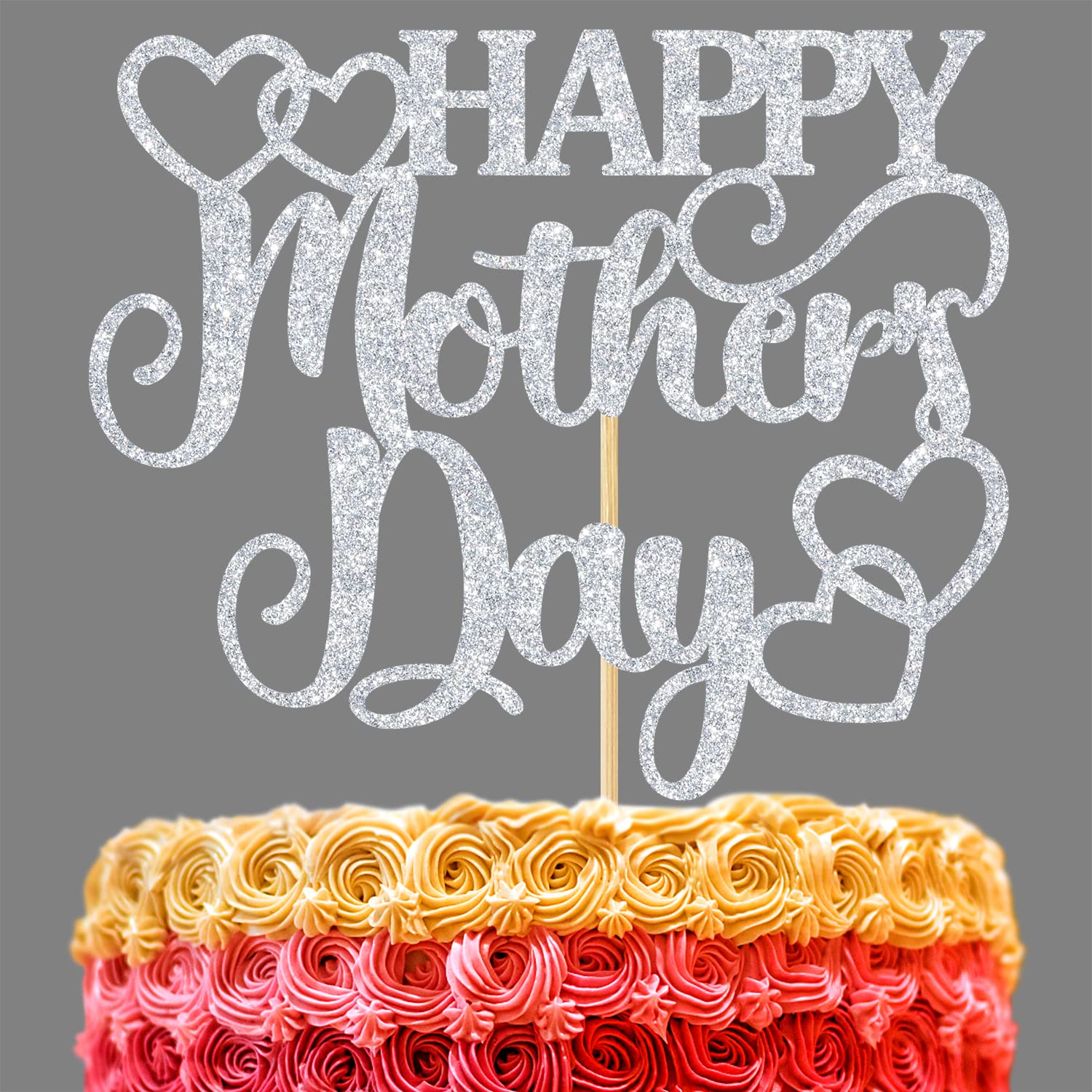 Hequoyer Happy Mothers Day Cake Topper, Silver Glitter, Best Mom Decoration, Model HM--1207