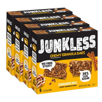 Junkless Chewy Granola Bars, Cinnamon Roll, 24 Bars (6 X 1.1 Oz Bars/Box - 4 Boxes), Non-Gmo, Low Sugar, Great Tasting, Made For Kids & Families