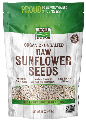 NOW Foods  Certified Organic Sunflower Seeds  Raw and Unsalted  Source of Fiber and Vitamin E  Hulled for Great Taste  Certified Non-GMO  16-Ounce (Packaging May Vary)