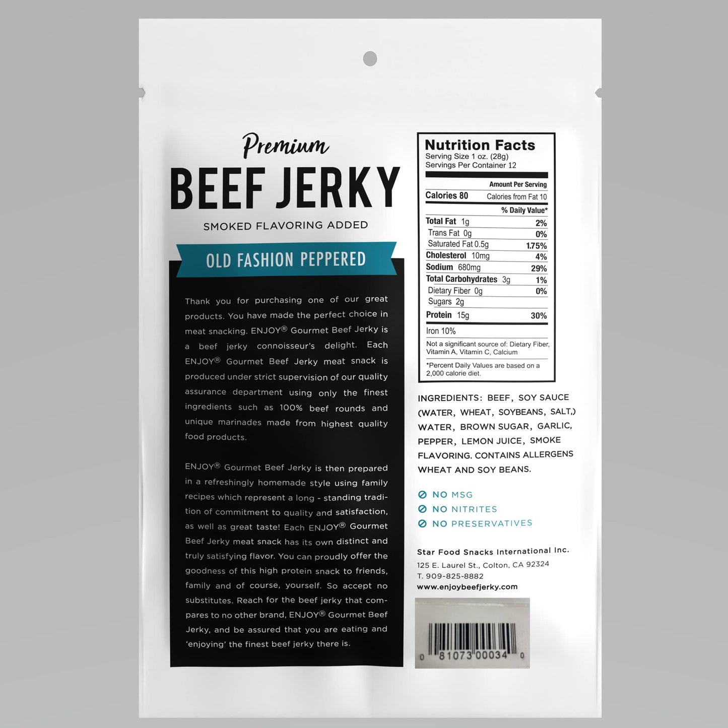 Enjoy Old Fashion Peppered Beef Jerky, 12 oz - USA Made, High Protein, Low Fat, No Preservatives, Resealable Bag