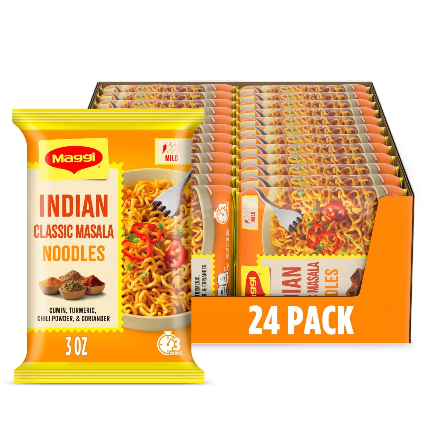 Maggi Indian Classic Masala Noodles, Instant Ramen Noodles Pack, 3 min, Mildly Spicy, Vegetarian, Halal, Kosher, 24 Pack
