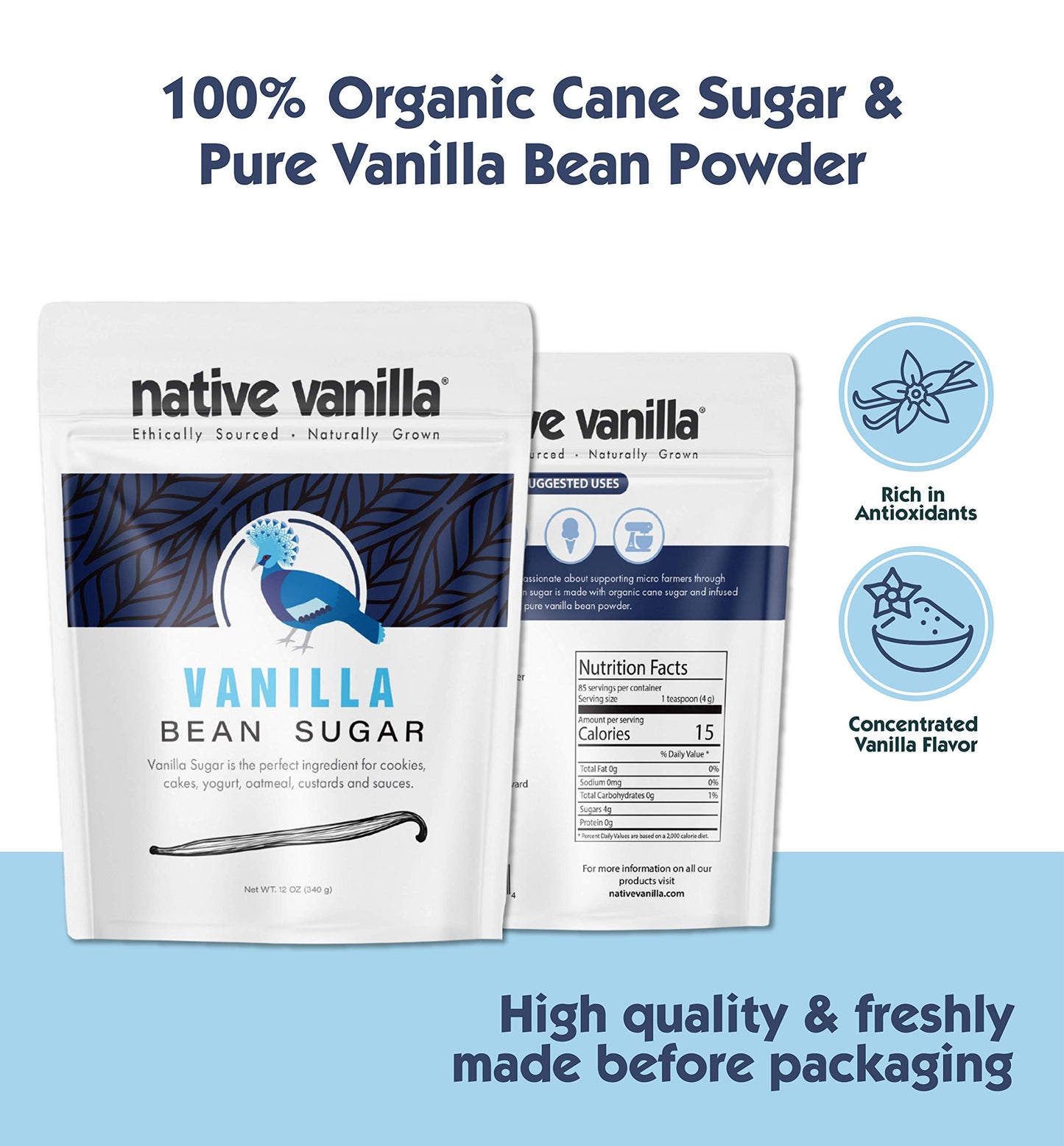 Native Vanilla Organic Vanilla Bean Sugar – 12 Oz – Premium Vanilla Bean Pods for Baking and Dessert Making