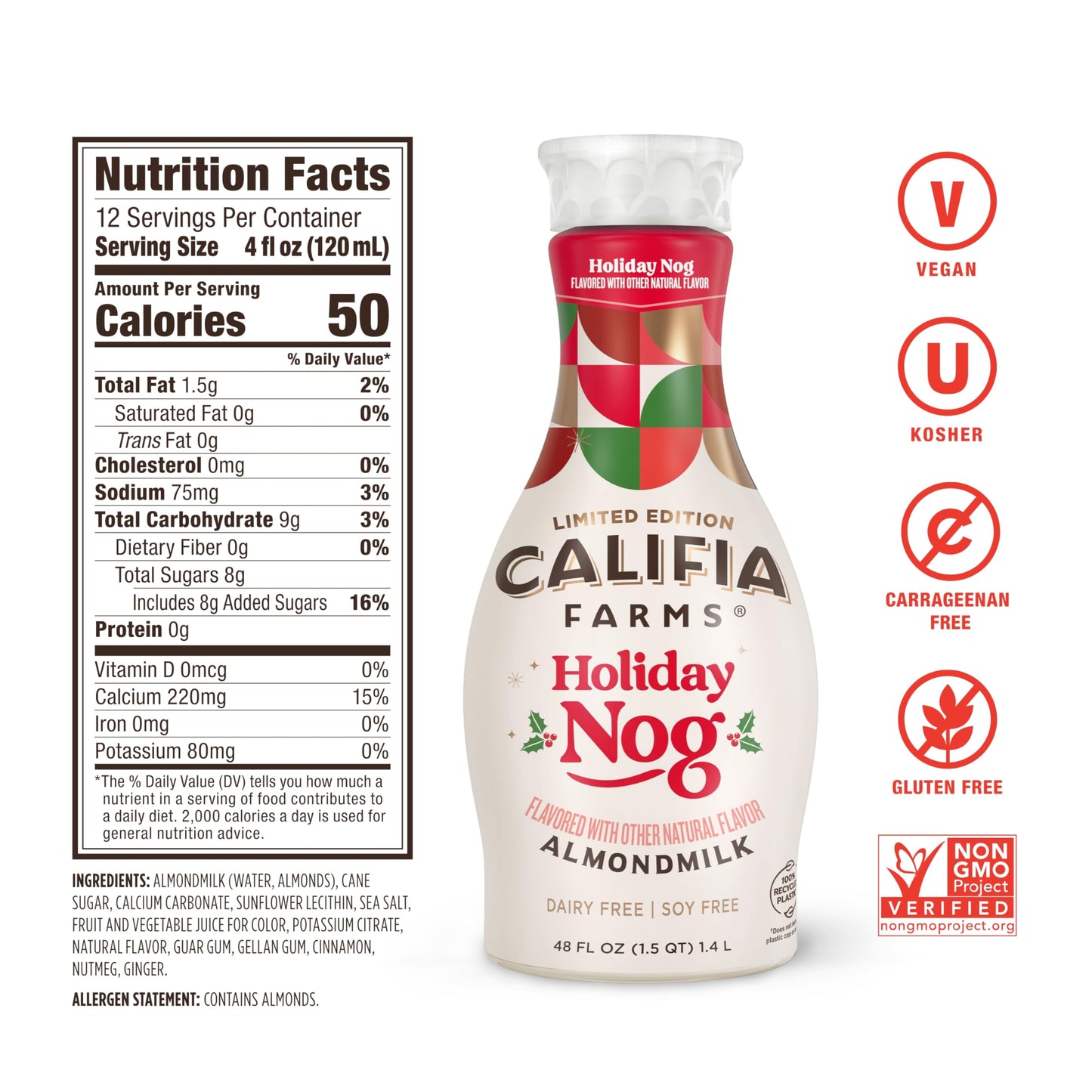 Califia Farms - Almond Milk Seasonal Holiday Nog, 48 Oz, Dairy Free, Soy Free, Plant Based, Vegan, Non-GMO, Gluten Free, Egg Nog
