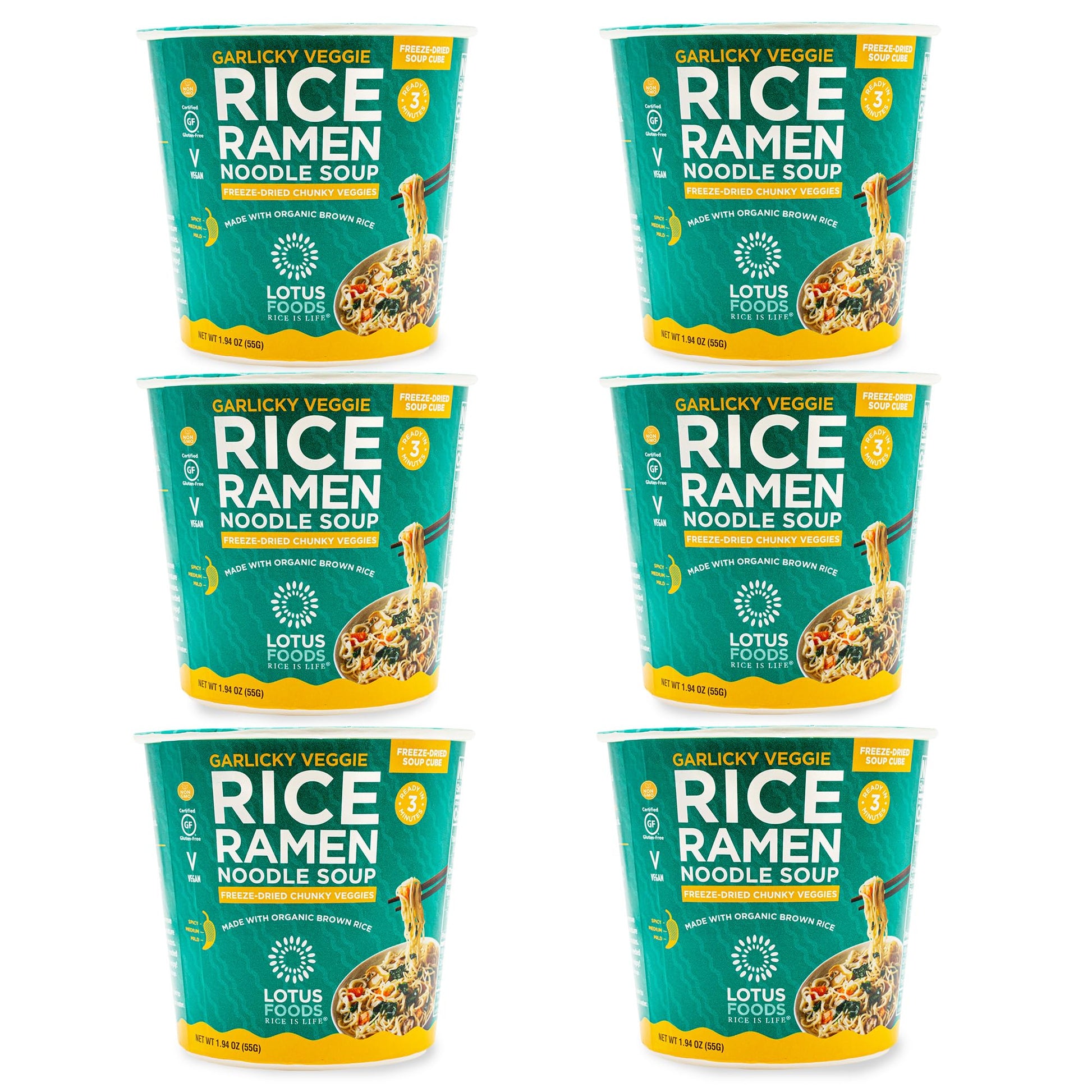 Lotus Foods Organic Garlicky Veggie Rice Ramen Noodle Soup - Ramen Noodles, Cup Of Noodles, Instant Ramen Bowl, Made With Organic Brown Rice - 1.94 Oz Cups (Pack Of 6)