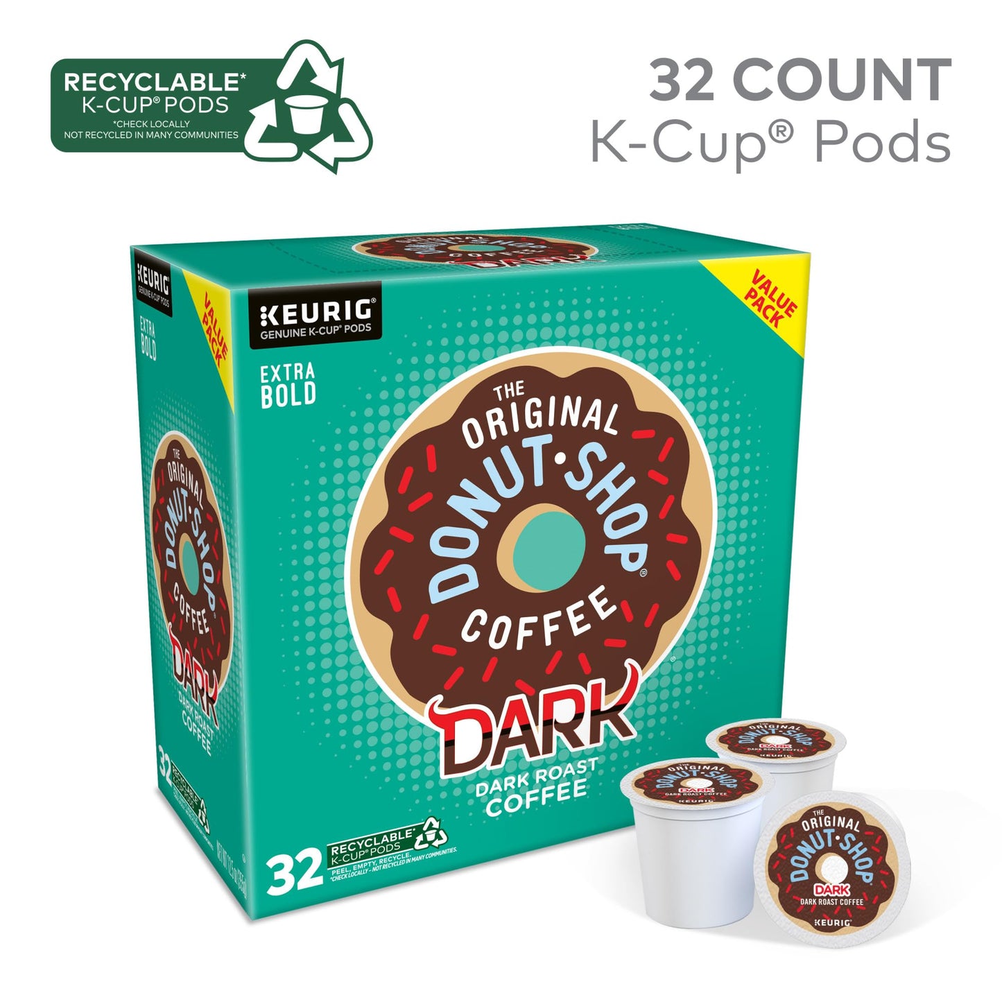 The Original Donut Shop Dark, Keurig Single Serve K-Cup Pods, Dark Roast Coffee Pods, 32 Count