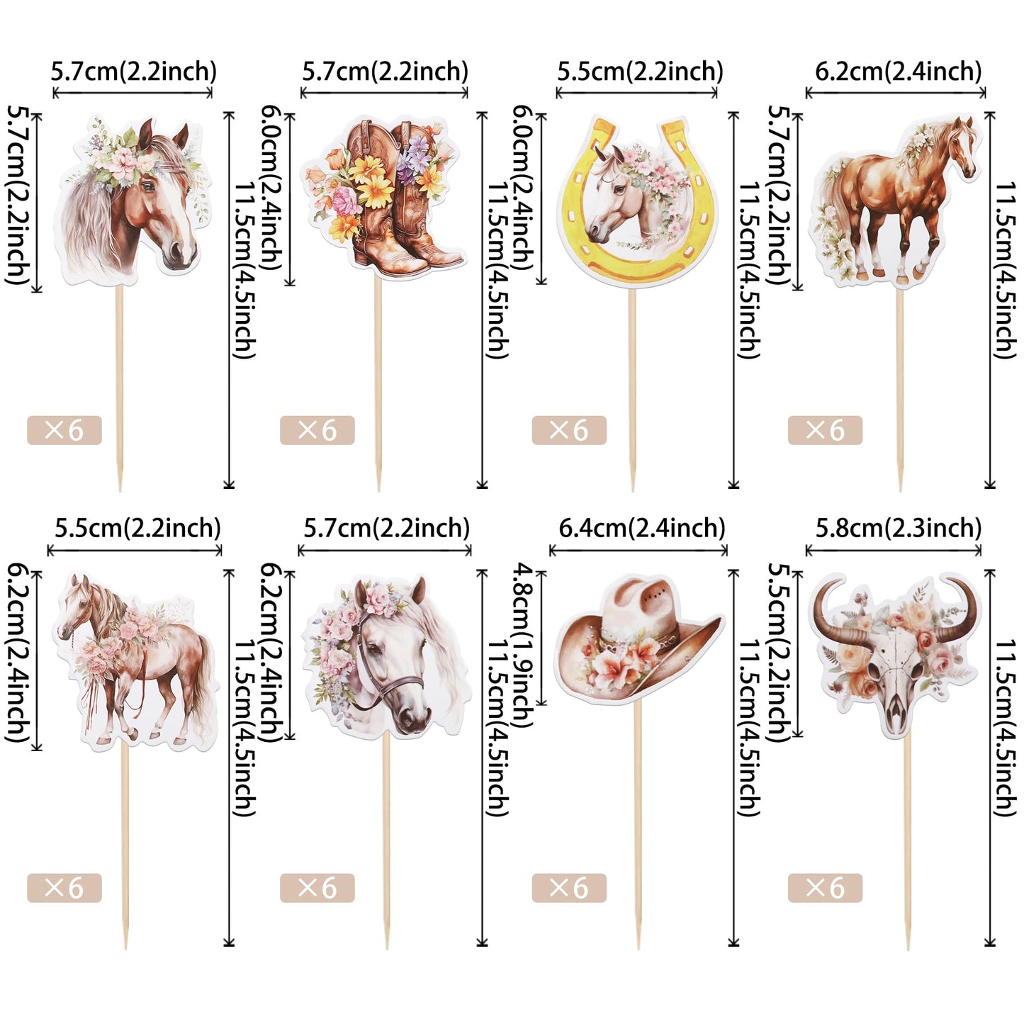 Zhuoweism 40 Pcs Horse Cupcake Toppers - Western Cowgirl Cupcake Picks - Floral Horseshoe Hat Boots - Cake Decorations For Horse