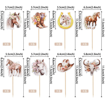 Zhuoweism 40 Pcs Horse Cupcake Toppers - Western Cowgirl Cupcake Picks - Floral Horseshoe Hat Boots - Cake Decorations For Horse