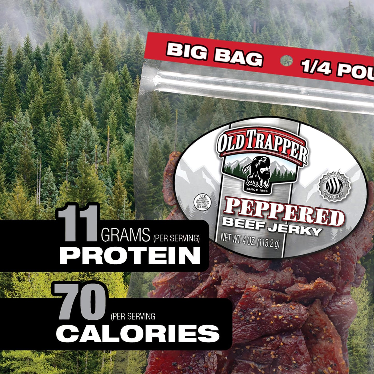 Old Trapper Beef Jerky, Peppered, Spicy Meat Snacks, 4 Ounce (Pack of 8), 11g Protein, Zero Fat, 70 Calories per Serving