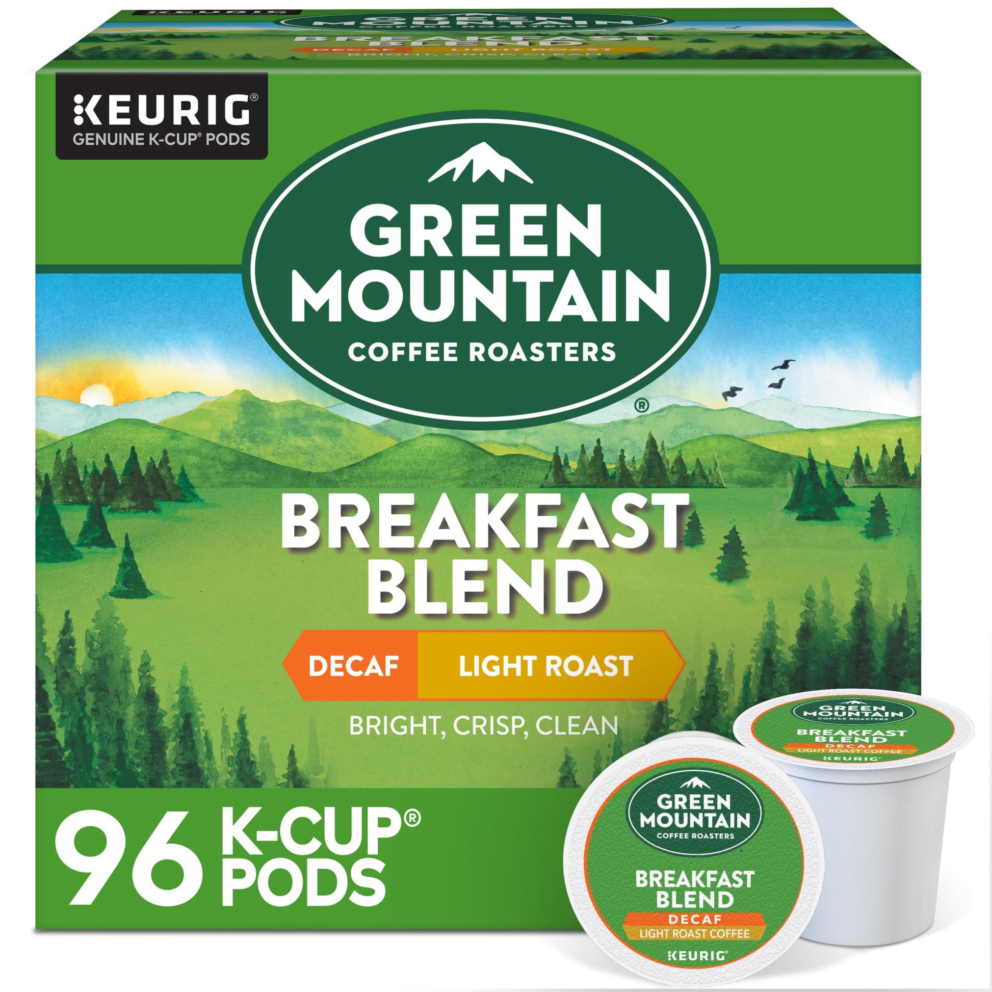 Green Mountain Coffee Roasters Breakfast Blend Decaf Coffee, Keurig Single Serve K-Cup Pods, Light Roast, 96 Count