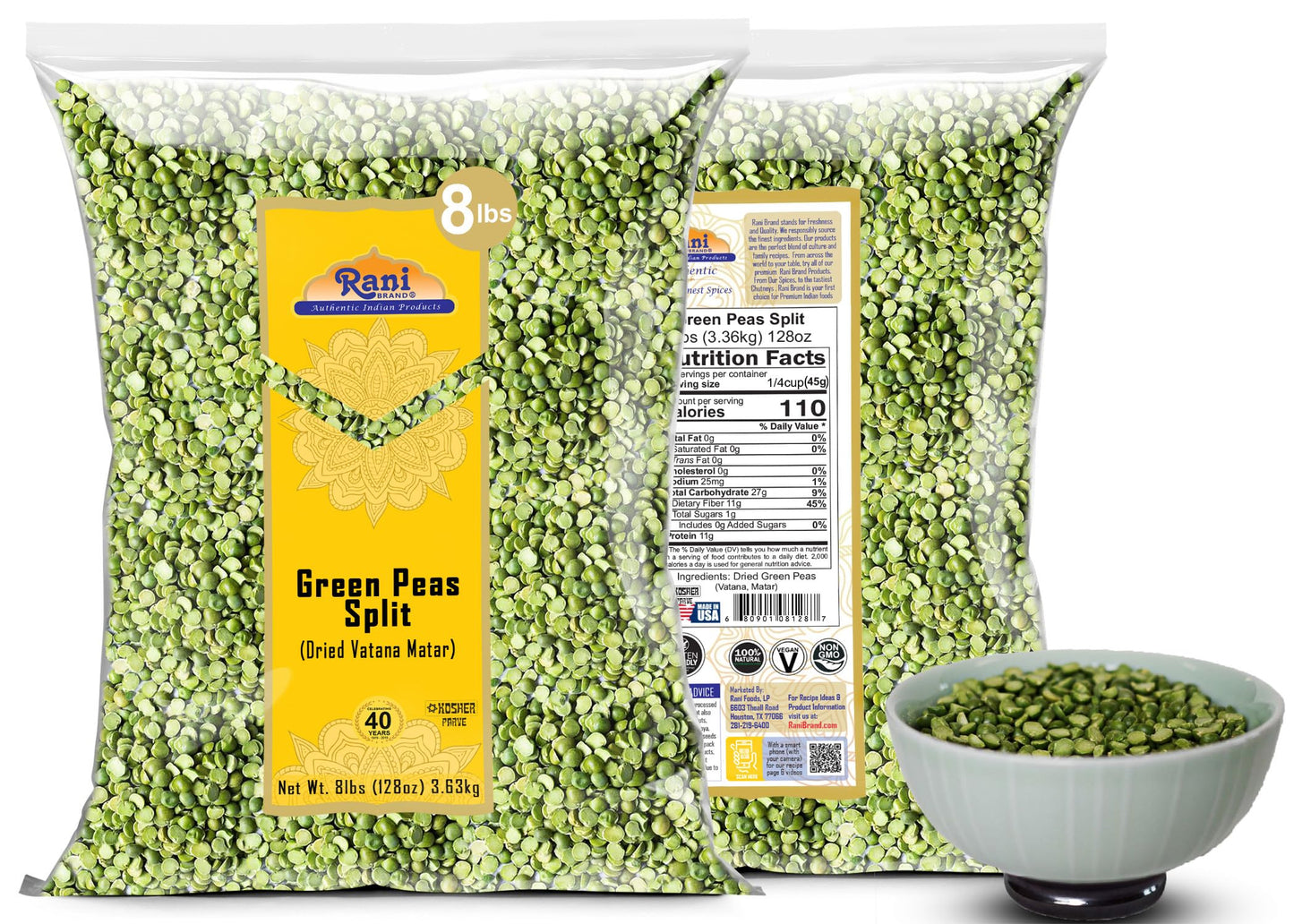 Rani Green Peas Split, Dried (Vatana, Matar) 128Oz (8Lbs) 3.63Kg Bulk ~ All Natural | Vegan | Kosher | Gluten Friendly | Product