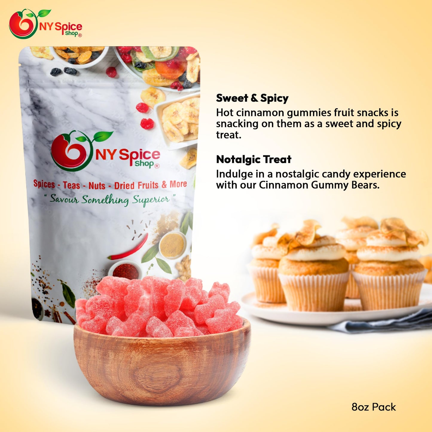 NY Spice Shop Cinnamon Bears - 8 Ounce Sweet and Spicy Cinnamon Gummy Bears - Tasty Cinnamon Bears Candy - Fruit Juice Hot Gummy
