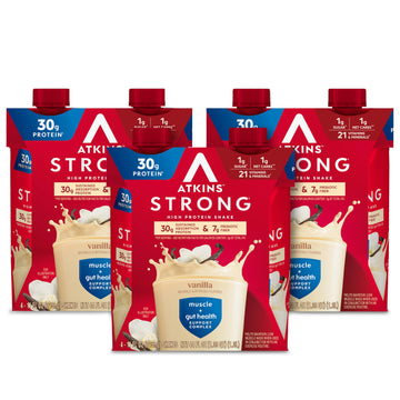 Atkins Strong High Protein Shake, Vanilla, 30G Protein, 7G Prebiotic Fiber, Muscle & Gut Health Support Complex, 12 Count