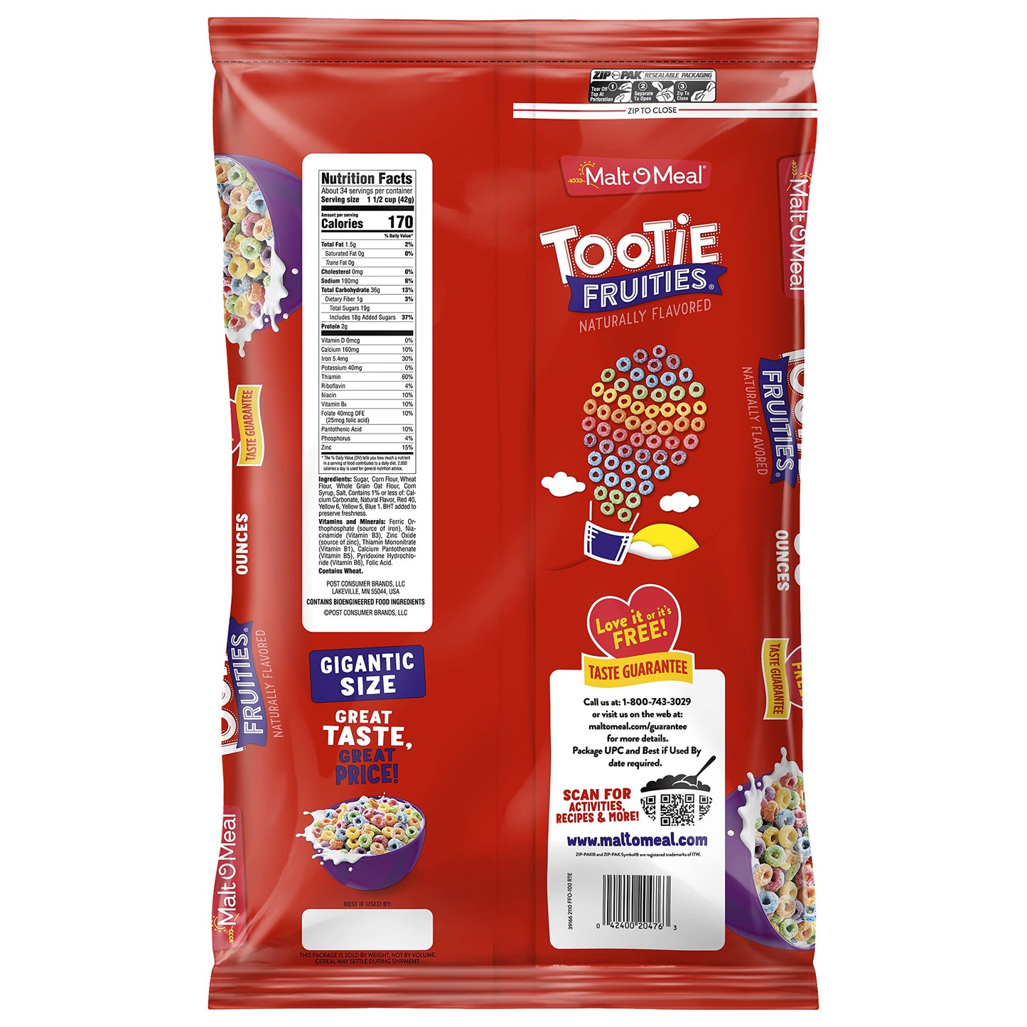 Malt-O-Meal Tootie Fruities Breakfast Cereal, Colorful and Fruity Cereal for the Family, Family Cereal Size, 50 OZ Resealable Ce