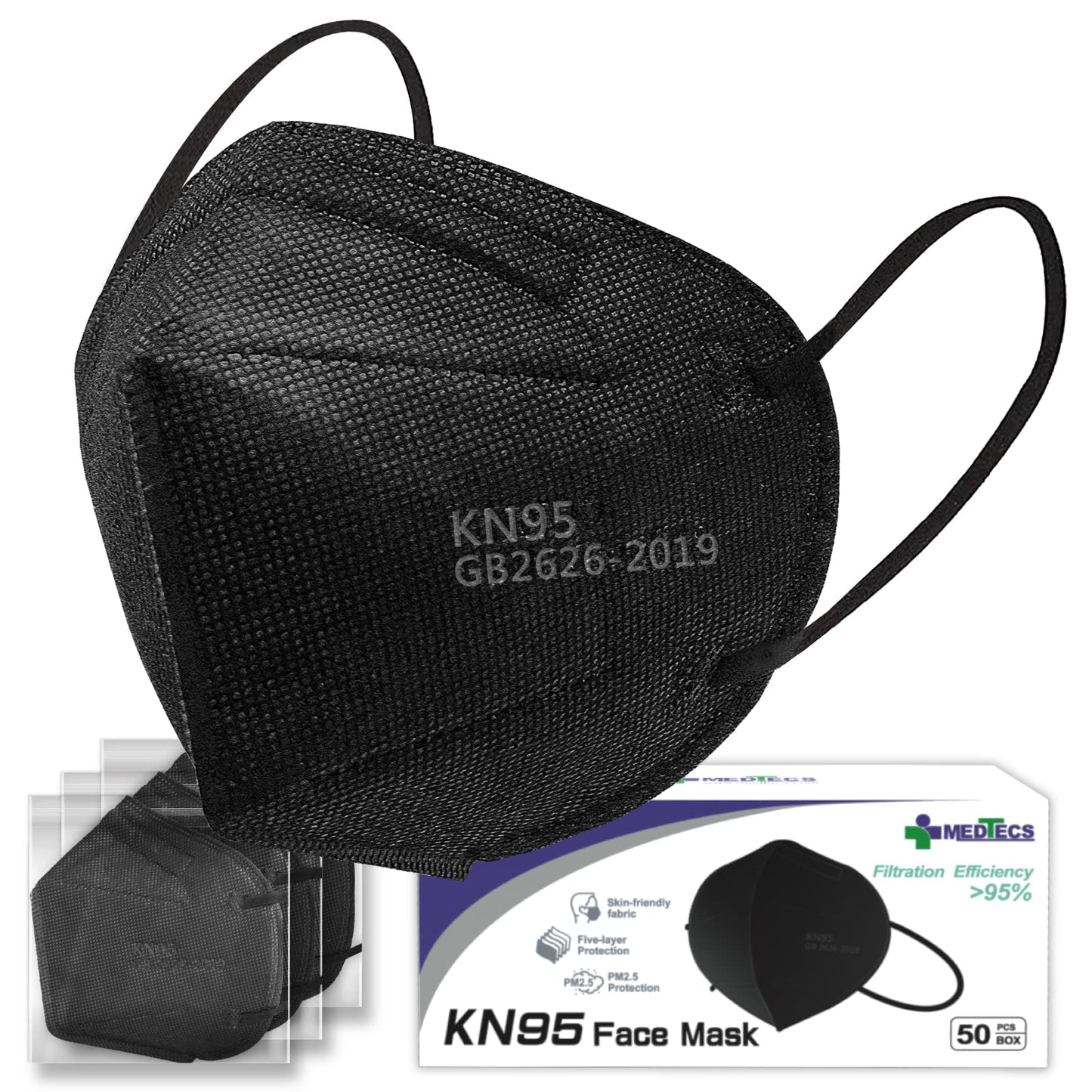 Medtecs KN95 Face Masks - 50 Count, Black, 5 Ply Protection, Extra Wide Ear Loops, ? 95% Filtration Efficiency, Mask Extender Included