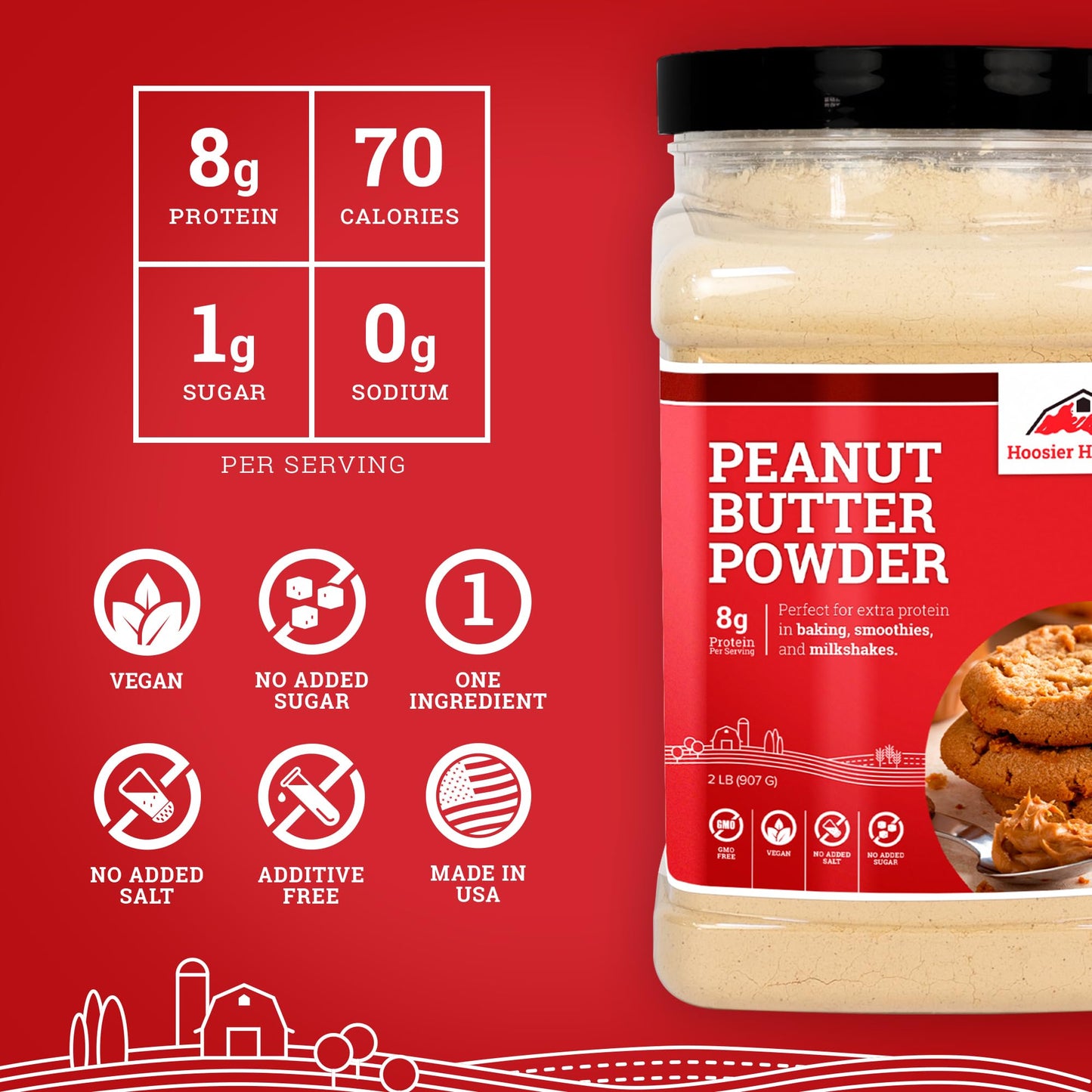 Hoosier Hill Farm Peanut Butter Powder, 2Lb (Pack Of 1) No Additives, 100% Peanut Powder, 8G Of Protein Per Serving