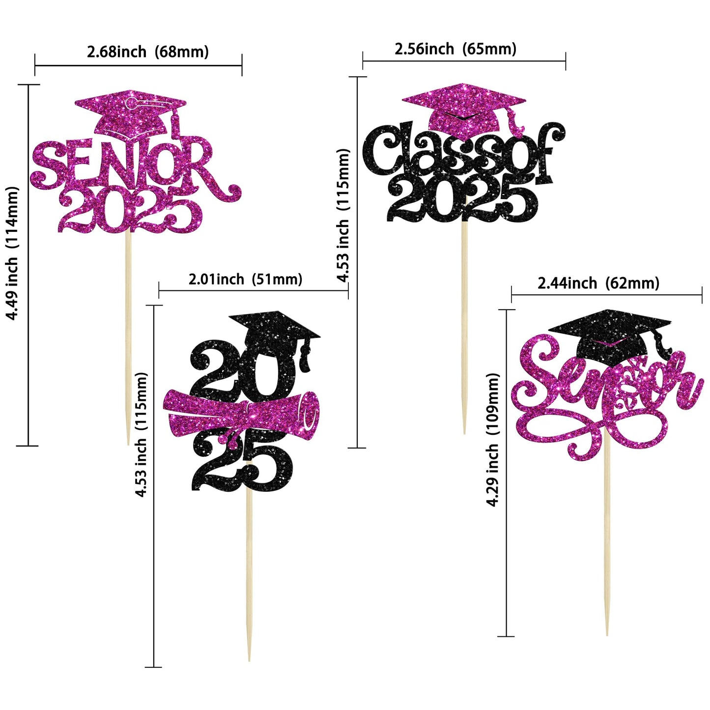 Gyufise 24Pcs Graduation Cupcake Toppers, Glitter Senior Class of 2025, Purple, Paper Decorations for Graduation Theme Party