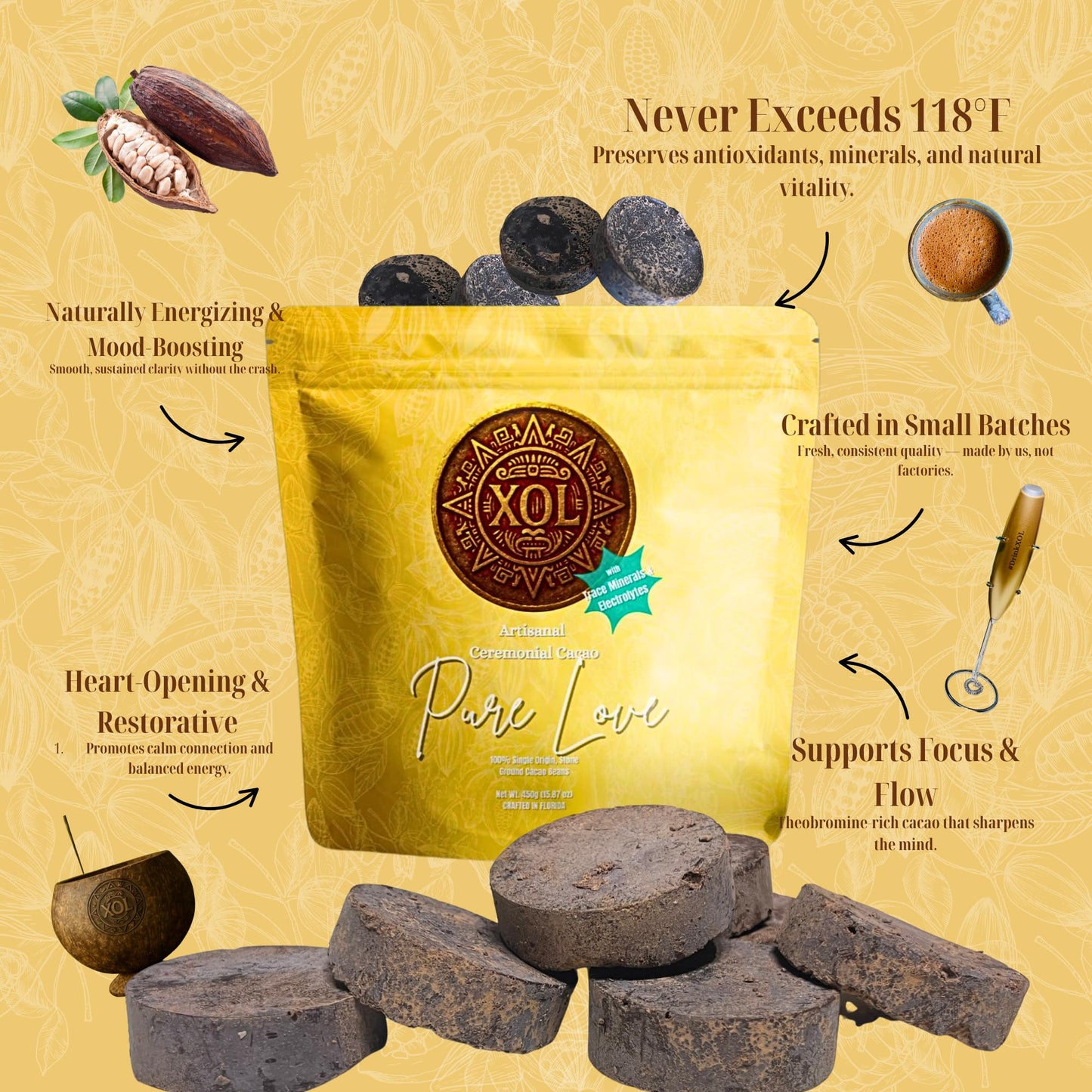 Ceremonial Cacao Ritual Bundle - Choice of Ceremonial Blend (1 lb) + Coconut Bowls + Signature Frother - Organic, Raw & Unsweete