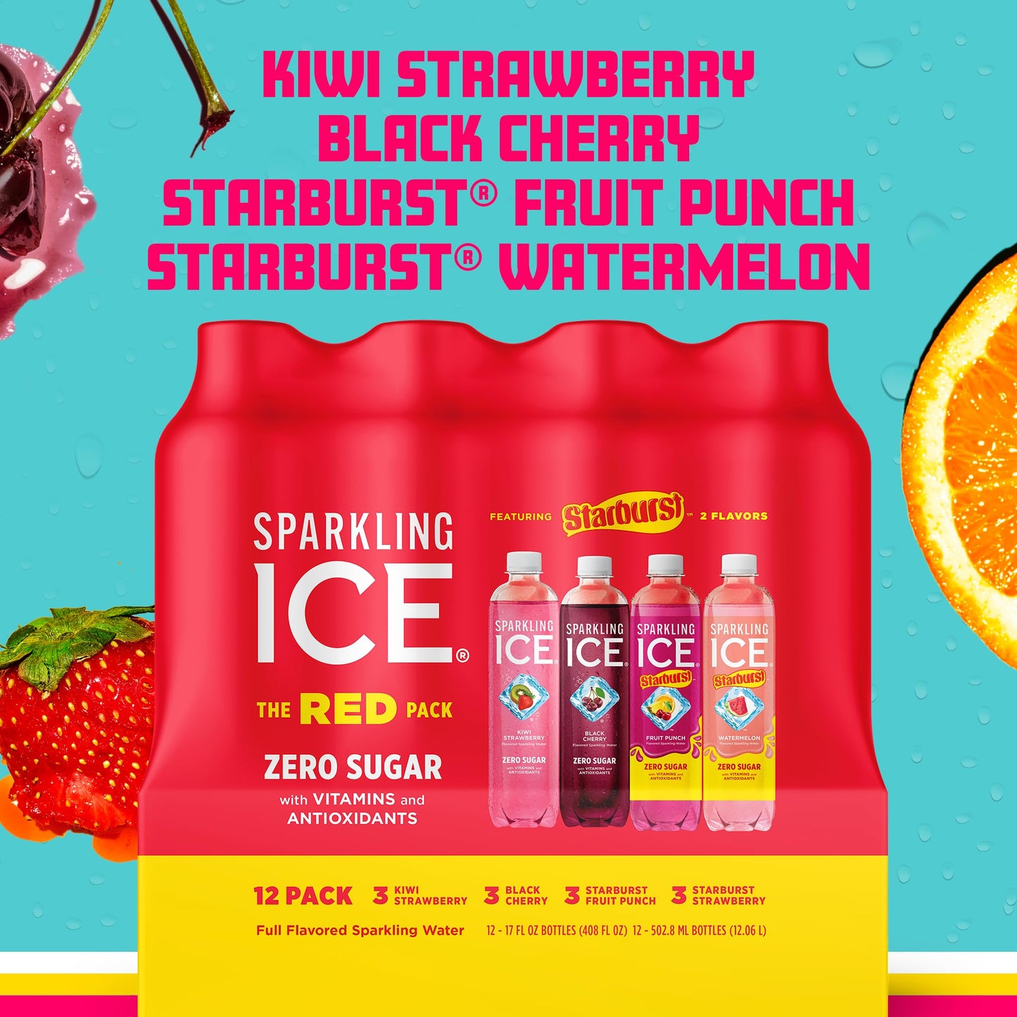 Sparkling Ice Flavored Sparkling Water Variety Pack, Zero Sugar, 17 Fl Oz, 12 Count (Kiwi Strawberry, Fruit Punch, Watermelon)
